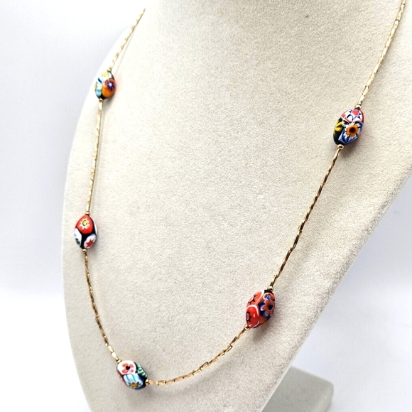 VINTAGE Italian Venetian Murano Millefiori Glass Bead Gold Filled Necklace - Picture 2 of 8